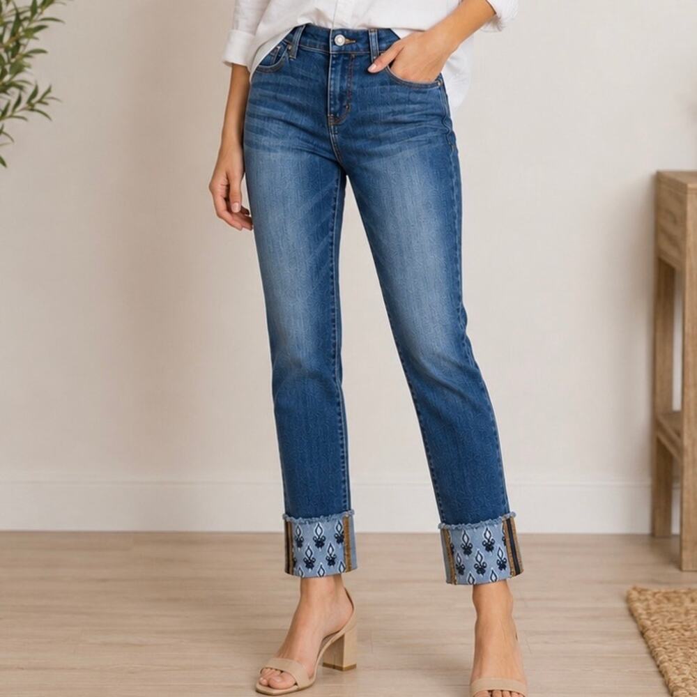 ANN TAYLOR LOFT | Modern Skinny Crop Jeans Navy Embroidered Cuff Detail | Size 6